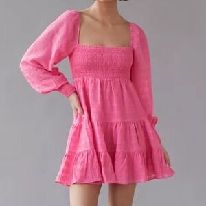 Hot Pink Long Sleeve Sundress with Square Neck